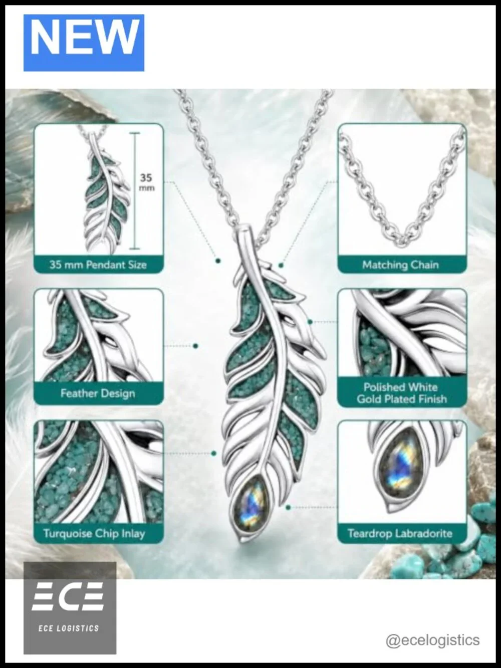 White Gold Plated Feather Turquoise Pendant Necklace for Women